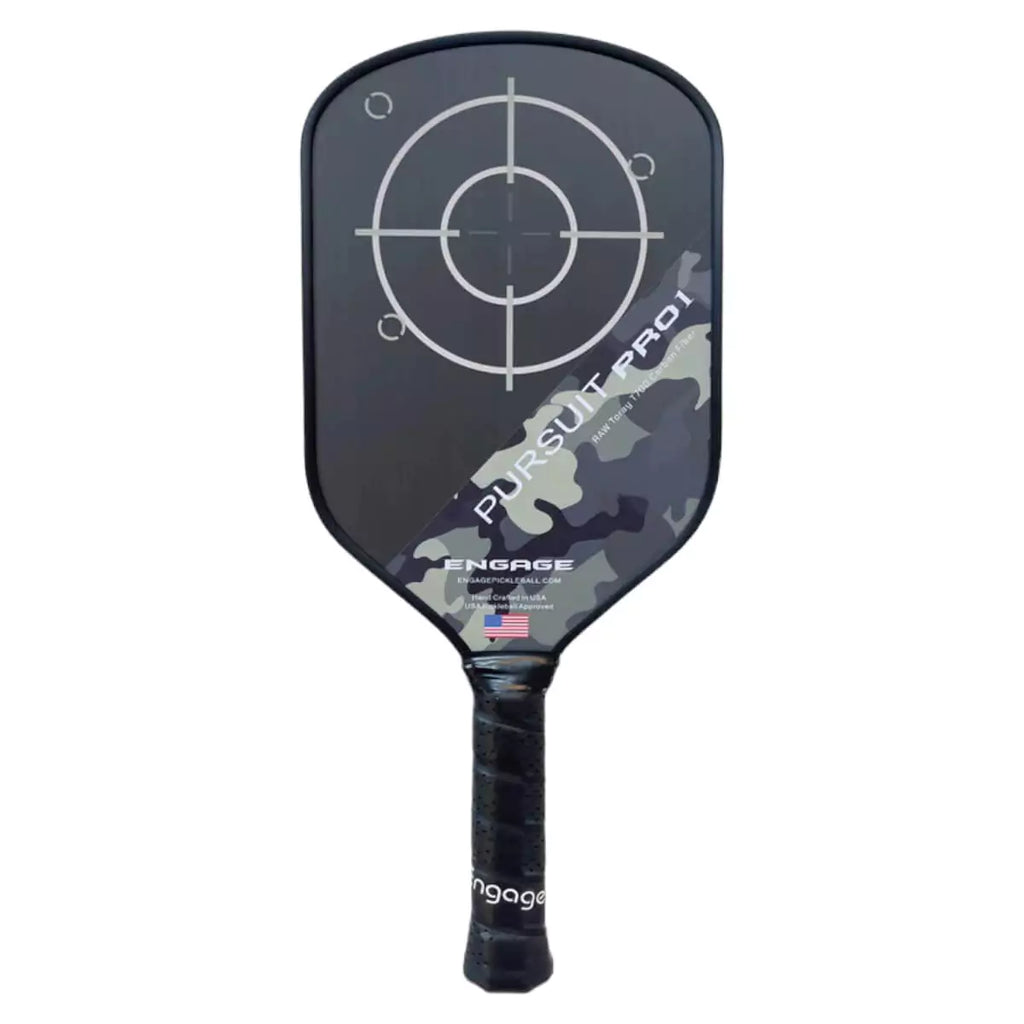 A Engage Pursuit Pro 1 Power Series  camouflage Pickleball Paddle. Purchase from "iamRacketSPorts.com".