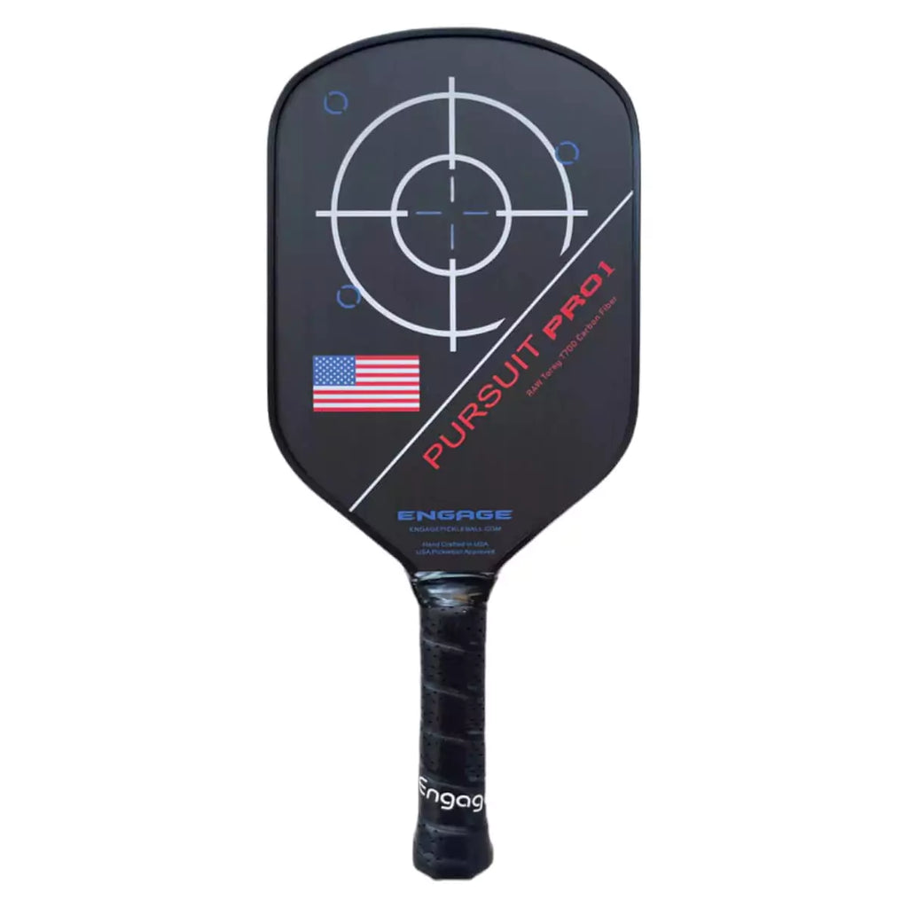 A Engage Pursuit Pro 1 Power Series  red, white and blue design Pickleball Paddle. Purchase from "iamRacketSPorts.com".