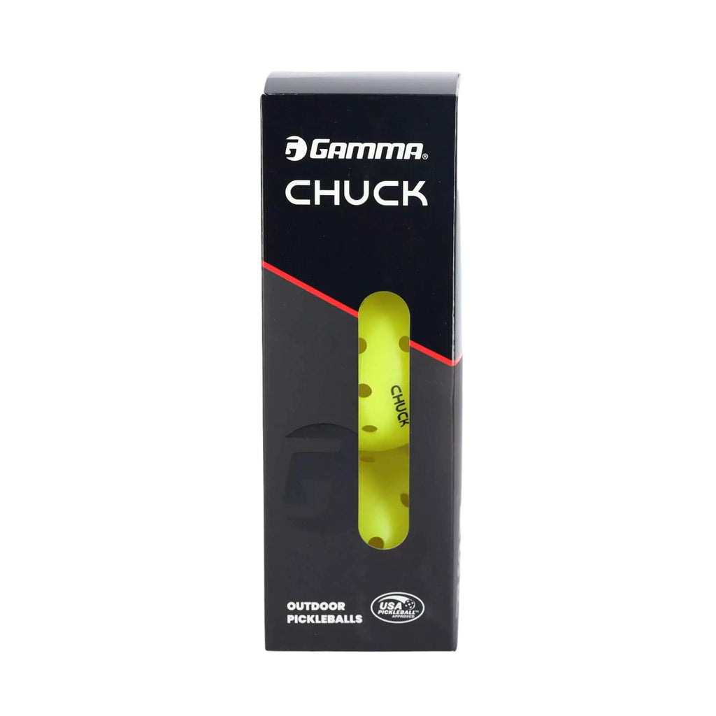 A boxed 3 ball pack of 
Gamma CHUCK outdoor Pickleballs,
available from iamPickleball.store.