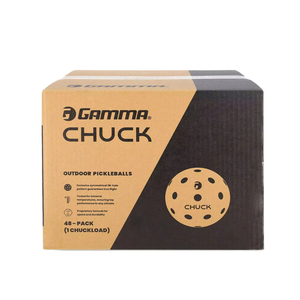 A boxed 48 ball pack of Gamma CHUCK outdoor Pickleballs,
available from iamPickleball.store.