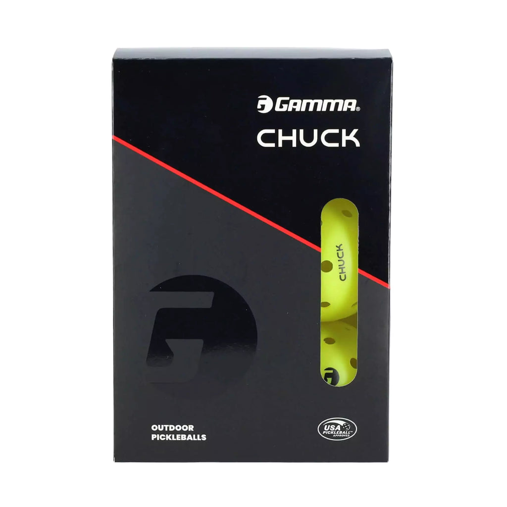 A boxed 6 ball pack of Gamma CHUCK outdoor Pickleballs,
available from iamPickleball.store.