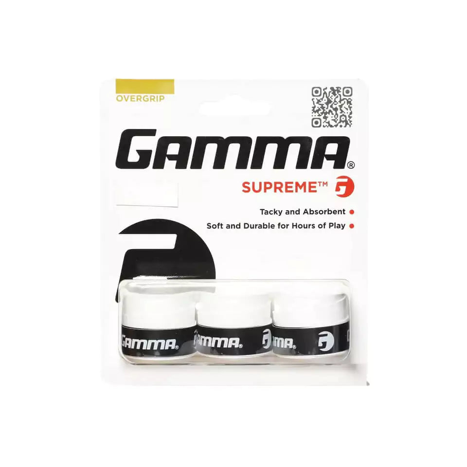 A 3 grip pack of white
Gamma SUPREME OVERGRIP's,
available from at iamBeachTennis.com.