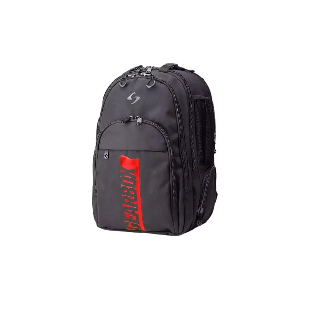 SPORT: PICKLEBALL. Shop GearBox bags at "iamPickleball.Store". Front profile of the  Black w/ Red Accent  Gearbox CORE COLLECTION, 900D Tetron Fabric, Backpack.