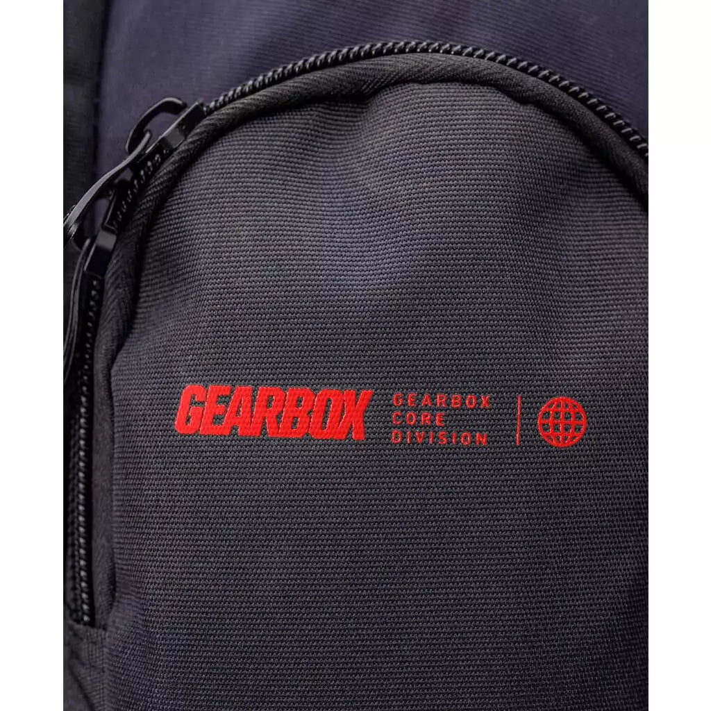 SPORT: PICKLEBALL. Shop GearBox  at "iam-pickleball.com" warehouse. Front Pocket and logo of the  Gearbox CORE COLLECTION Backpack.