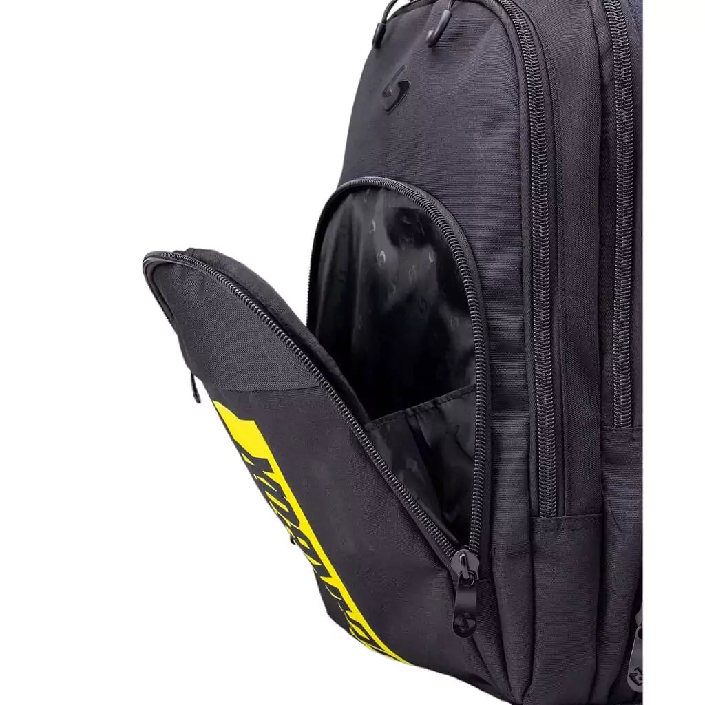 SPORT: PICKLEBALL. Shop Paddle Bags at iamRacketSports Colisium Store. Open front compartment of the  Black w/ Yellow Accent  Gearbox CORE COLLECTION, 900D Tetron Fabric, Backpack.
