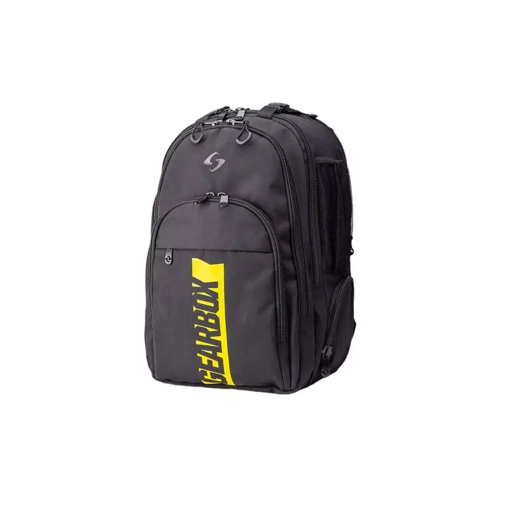 SPORT: PICKLEBALL. Shop GearBox bags at "iamPickleball.Store". Front of the  Black w/ Yellow Accent  Gearbox CORE COLLECTION, 900D Tetron Fabric, Backpack.