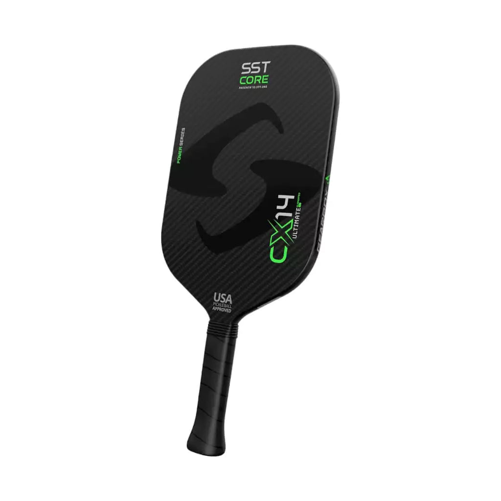 SPORT: PICKLEBALL. Shop GearBox  at "iamracketsports.com". A vertical tilted back  GearBox Sports CX14E ULTIMATE POWER ELONGATED Pickleball Paddle.