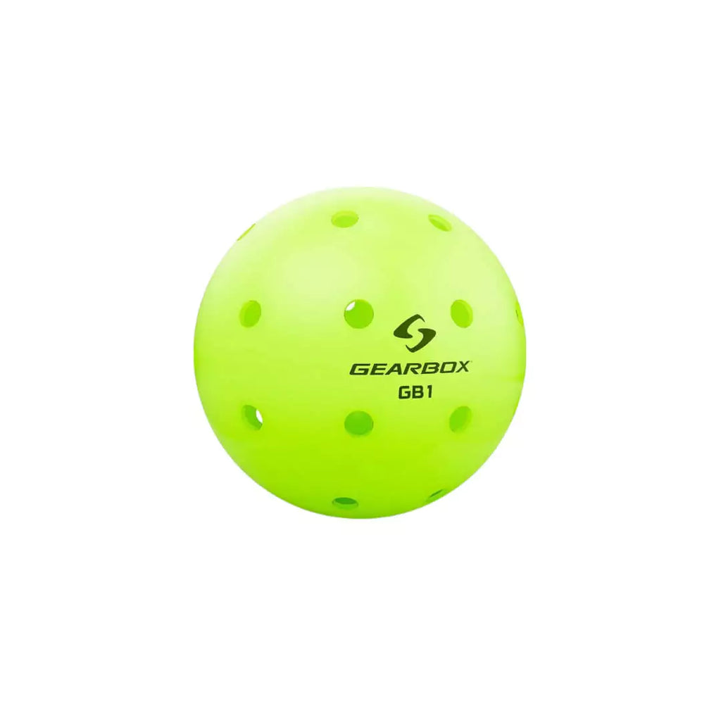 SPORT: PICKLEBALL. Shop GearBox  at "iamracketsports.com". A single neon yellow Gearbox GB1 Outdoor Pickleball ball.