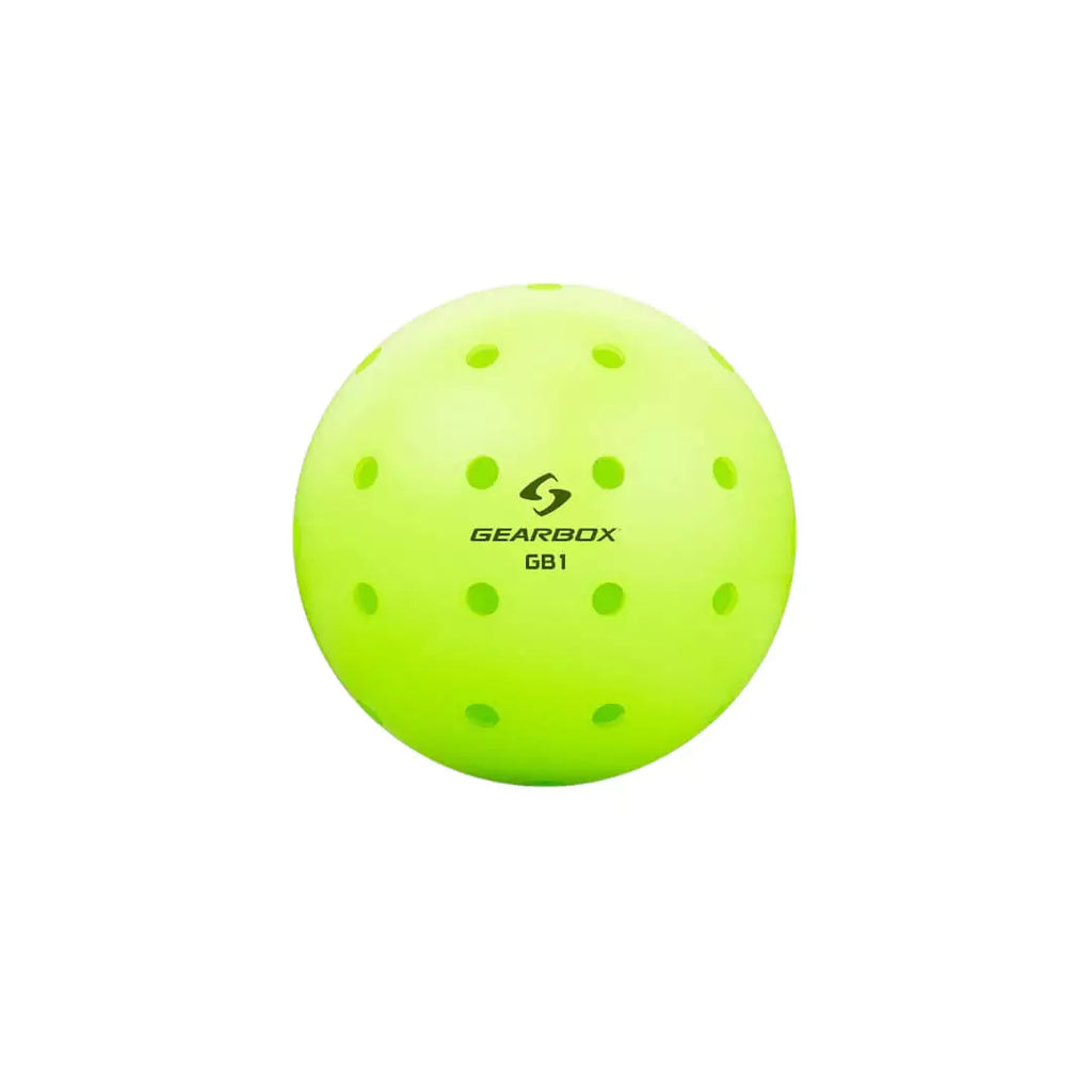 SPORT: PICKLEBALL. Shop Balls iam-pickleball.com, Miami, Florida, USA. A single neon yellow Gearbox GB1 Outdoor Pickleball ball.