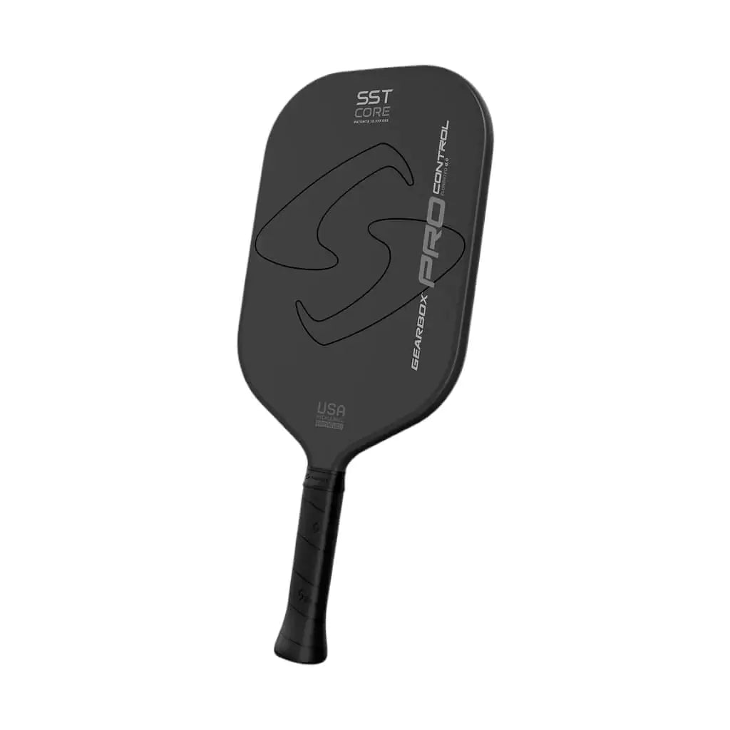 SPORT: PICKLEBALL. Shop GearBox  at "iamracketsports.com". A vertical tilted back  GearBox Sports PRO CONTROL ELONGATED Pickleball Paddle.