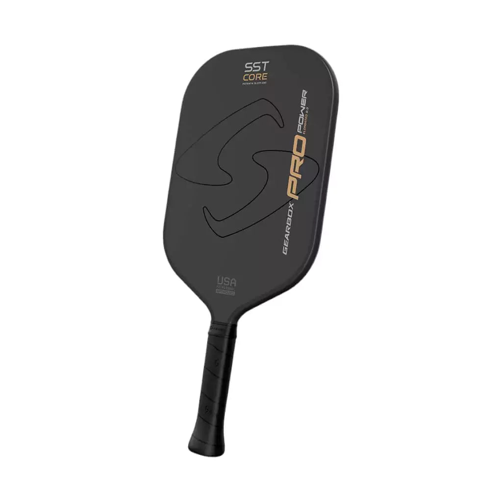 SPORT: PICKLEBALL. Shop GearBox  at "iamracketsports.com". A vertical tilted back  GearBox Sports PRO POWER ELONGATED Pickleball Paddle.