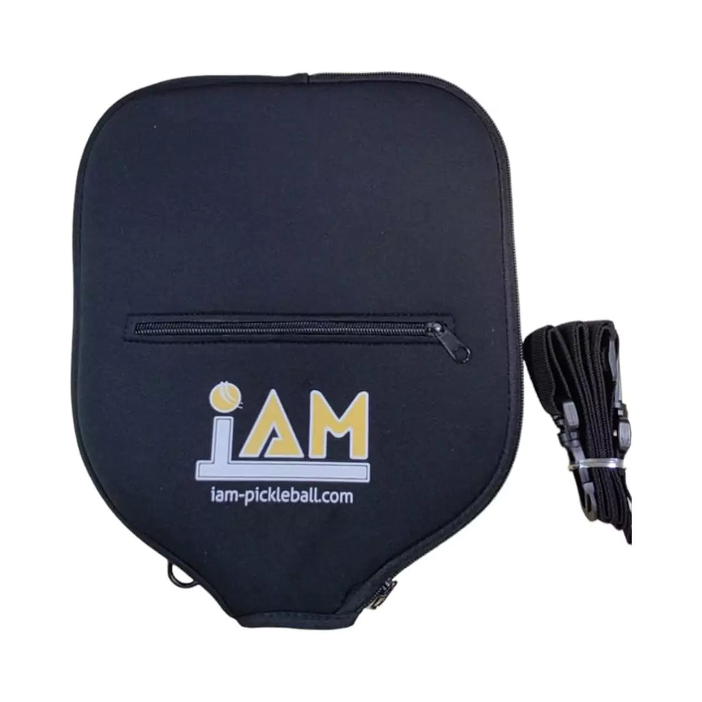 iam Pickleball Paddle Cover in Black with carry strap and zipper pocket by iamRacketsports.com. Back view of paddle cover.