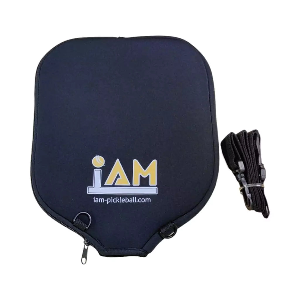 iam Pickleball Paddle Cover in Black with carry strap and zipper pocket by iamRacketsports.com. Front view of paddle cover.