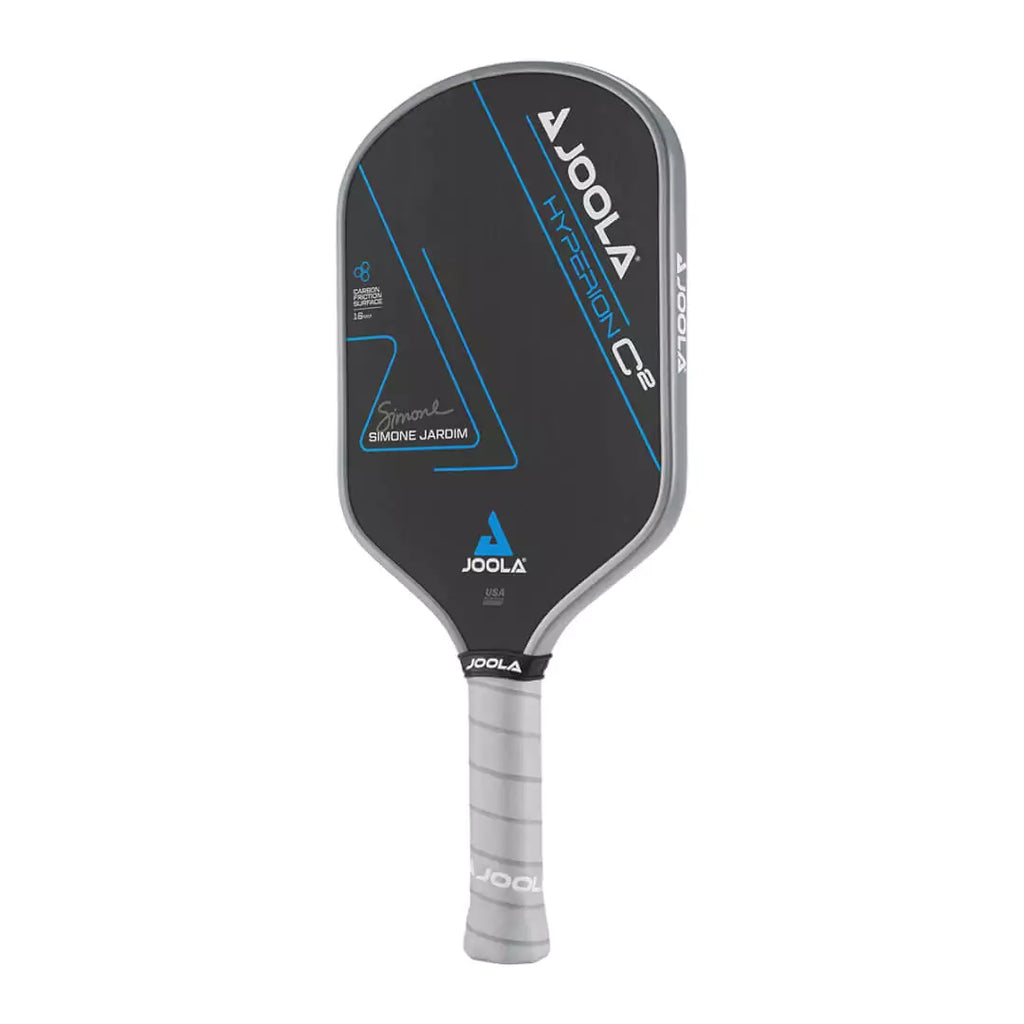 SPORT: PICKLEBALL. Shop Joola Pickleball at USA premier Racket and Paddle Sports store, "iamracketsports". Joola Simone Jardim HYPERION C2 CFS 16mm Pickleball Paddle. Racquet/Paleta is vertical left rotated.  Carbon Friction surface, Reactive Polymer Core, Hyperfoam Edge Wall Weight 8oz, Grip Length 5.5", Grip size 4.125" Feel-Tec Pure Grip