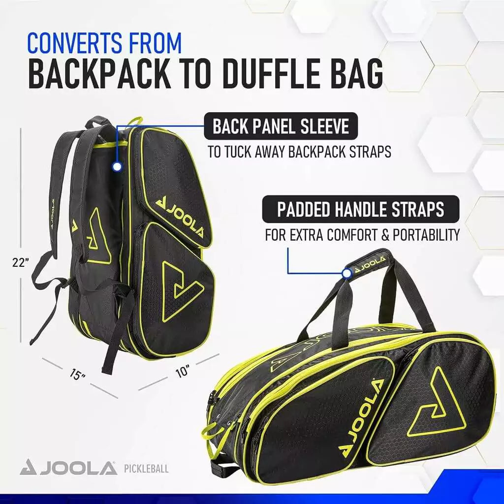 SPORT: PICKLEBALL. Shop Pickleball Paddles and Bags at "iamPickleball.store" a division of "iamracketsports.com". 2023 Joola Tour Elite Pickleball Duffle/Backpack Bag in Black and Yellow infographic.