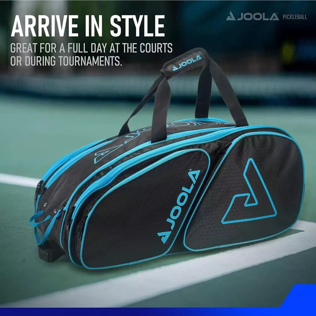SPORT: PICKLEBALL. Shop Pickleball Paddles and Bags at "iamPickleball.store" a division of "iamracketsports.com". 2023 Joola Tour Elite Pickleball Duffle/Backpack Bag in Black and Light Blue infographic.