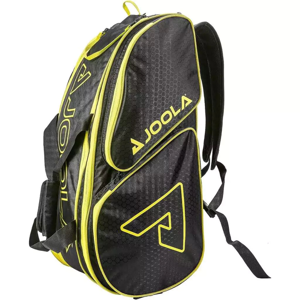 SPORT: PICKLEBALL. Shop Pickleball Paddles and Bags at "iamPickleball.store" a division of "iamracketsports.com". 2023 Joola Tour Elite Pickleball Duffle/Backpack Bag in Black and Yellow. Bag in vertical orientation.