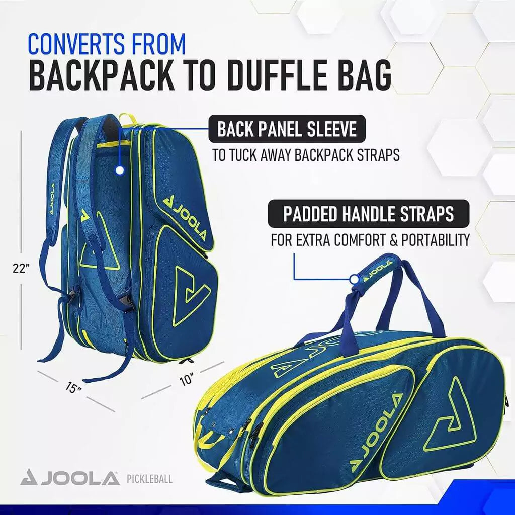 SPORT: PICKLEBALL. Shop Pickleball Paddles and Rackets at "iam-Pickleball.com" a division of "iamracketsports.com". 2023 Joola Tour Elite ProPickleball Duffle/Backpack Bag in Navy and Yellow inforgraphic.