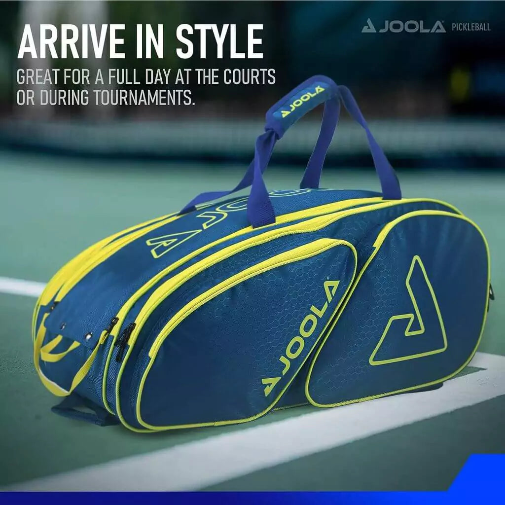  SPORT: PICKLEBALL. Shop Pickleball Paddles and Bags at "iamPickleball.store" a division of "iamracketsports.com". 2023 Joola Tour Elite Pickleball Duffle/Backpack Bag in Navy and Yellow infographic.