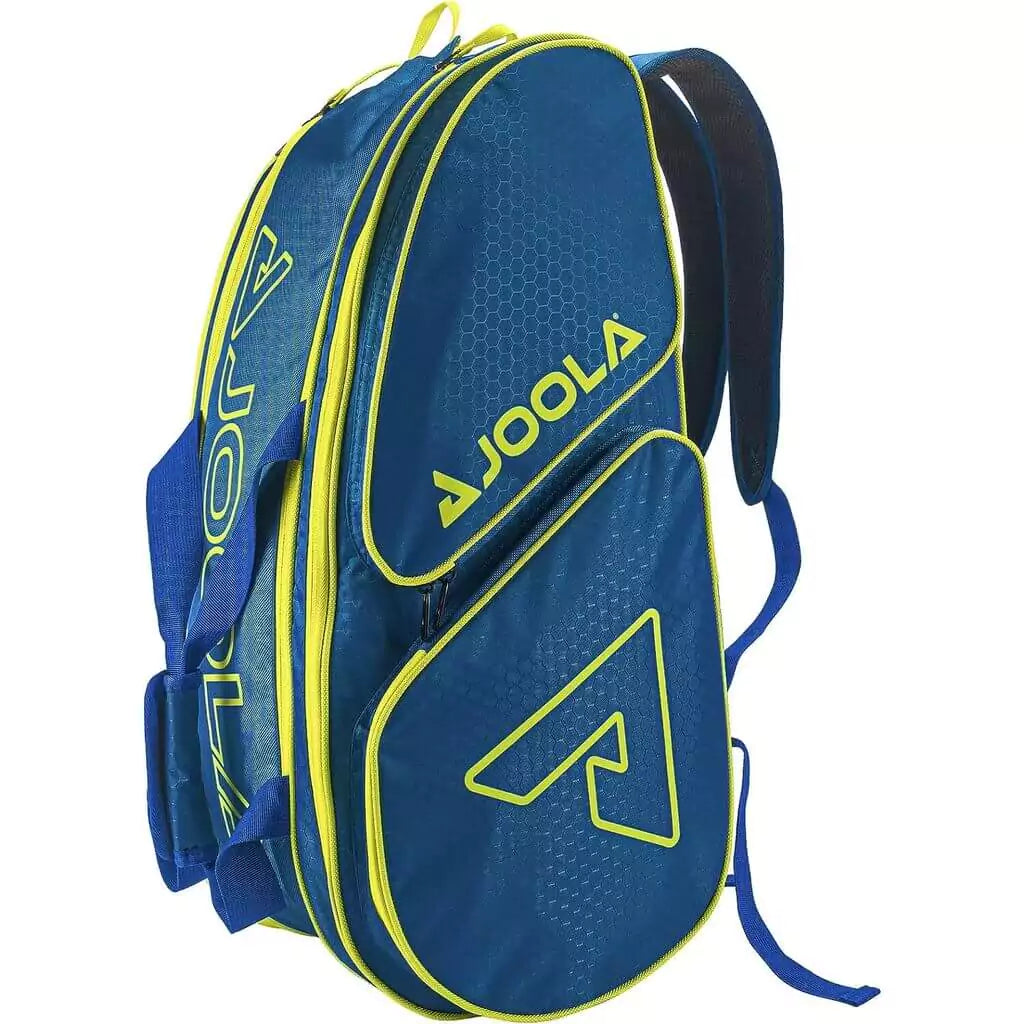  SPORT: PICKLEBALL. Shop Pickleball Paddles and Bags at "iamPickleball.store" a division of "iamracketsports.com". 2023 Joola Tour Elite Pickleball Duffle/Backpack Bag in Navy and Yellow. Bag in vertical orientation.