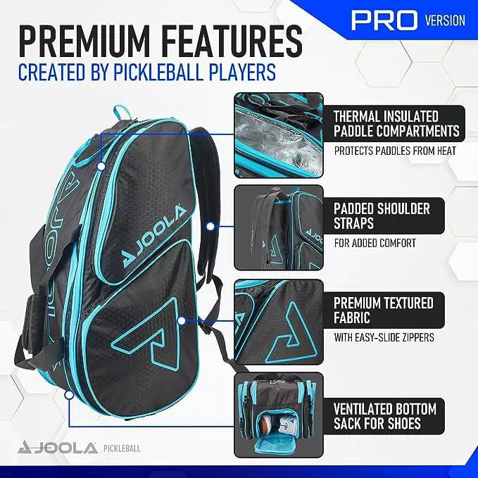 SPORT: PICKLEBALL. Shop Pickleball Paddles and Rackets at "iam-Pickleball.com" a division of "iamracketsports.com". 2023 Joola Tour Elite ProPickleball Duffle/Backpack Bag in Black and Light Blue inforgraphic.