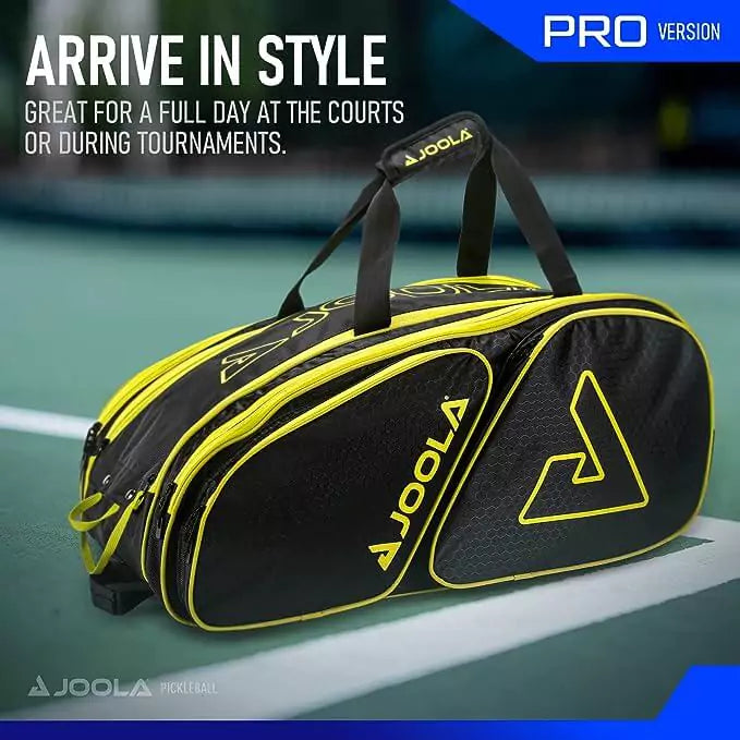 SPORT: PICKLEBALL. Shop Pickleball Paddles and Rackets at "iam-Pickleball.com" a division of "iamracketsports.com". 2023 Joola Tour Elite ProPickleball Duffle/Backpack Bag in Black and Yellow inforgraphic.
