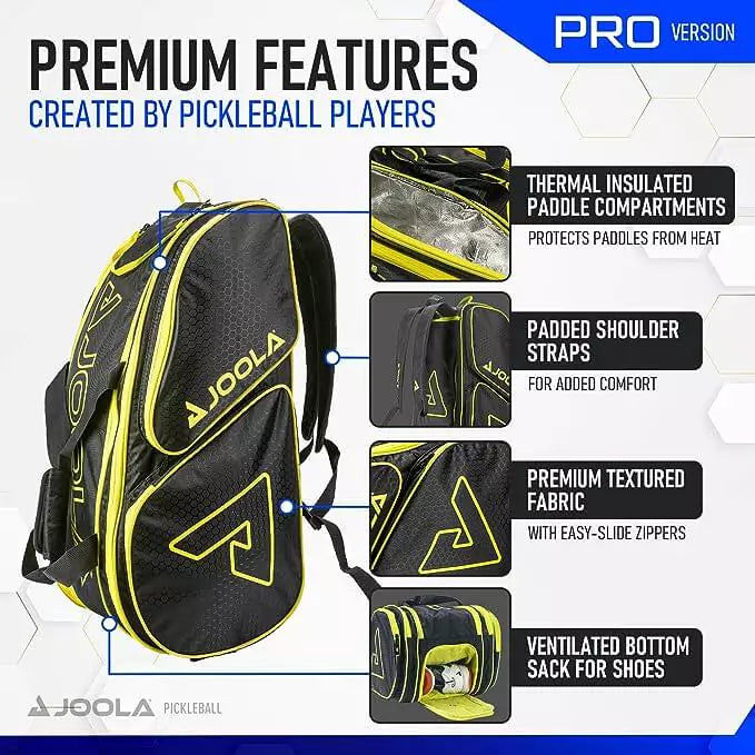 SPORT: PICKLEBALL. Shop Pickleball Paddles and Rackets at "iam-Pickleball.com" a division of "iamracketsports.com". 2023 Joola Tour Elite ProPickleball Duffle/Backpack Bag in Black and Yellow inforgraphic.