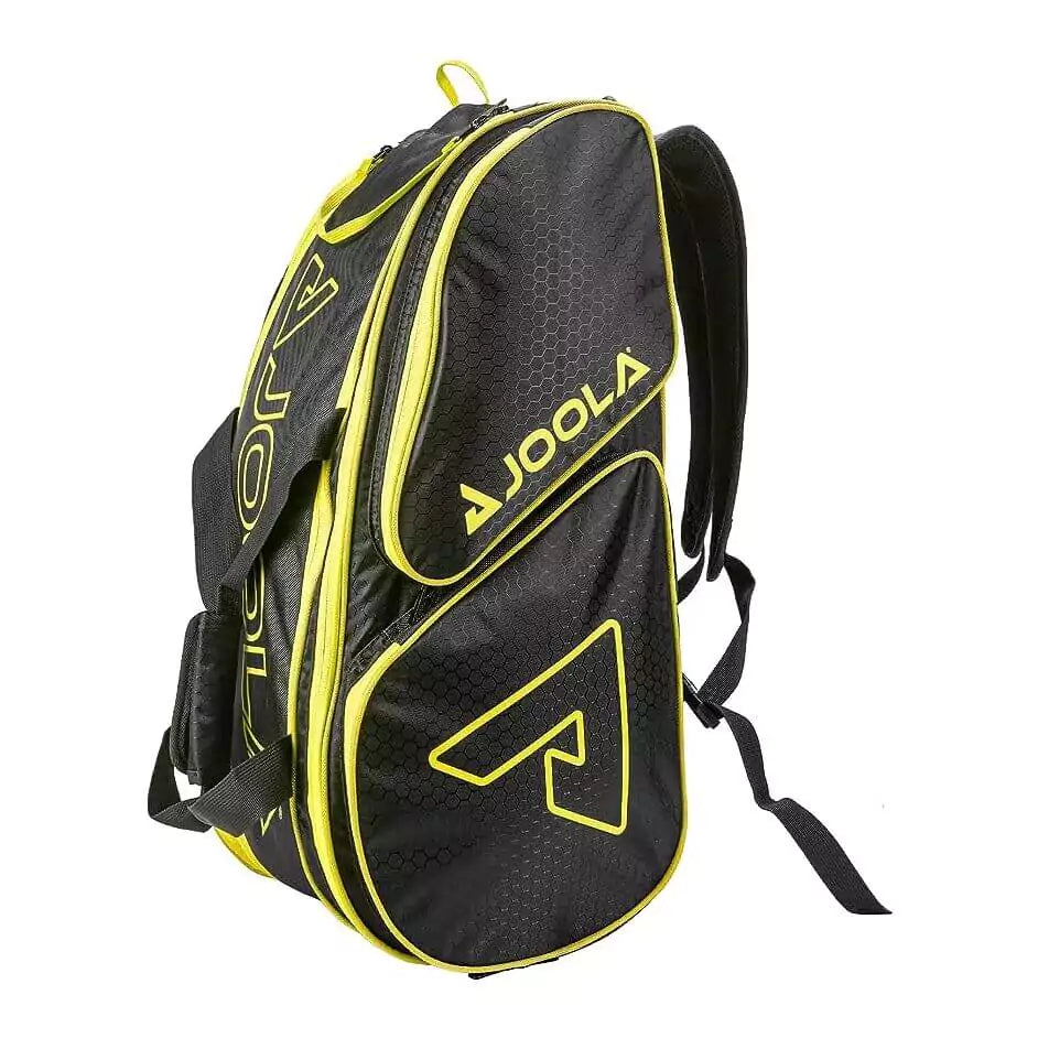 SPORT: PICKLEBALL. Shop Pickleball Paddles and Rackets at "iam-Pickleball.com" a division of "iamracketsports.com". 2023 Joola Tour Elite Pro Pickleball Duffle/Backpack Bag in Black and Yellow. Bag in vertical orientation.