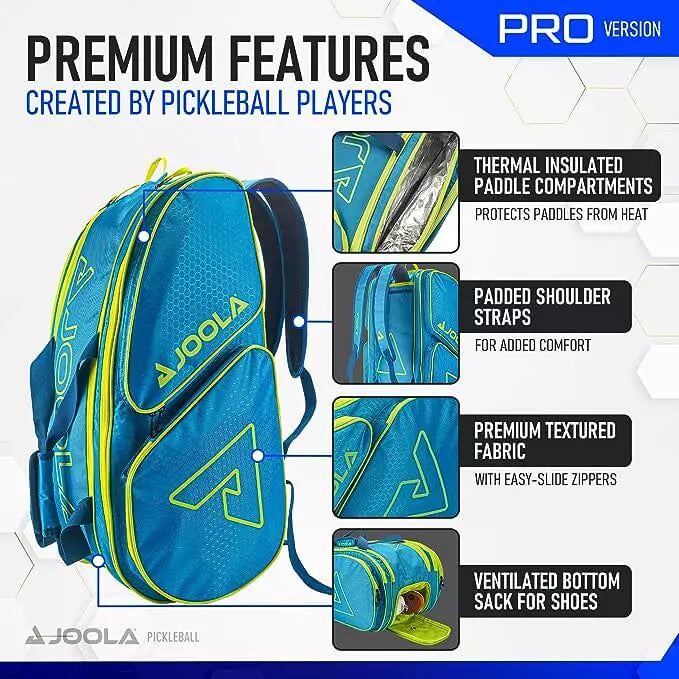 SPORT: PICKLEBALL. Shop Pickleball Paddles and Rackets at "iam-Pickleball.com" a division of "iamracketsports.com". 2023 Joola Tour Elite ProPickleball Duffle/Backpack Bag in Blue and Yellow inforgraphic.