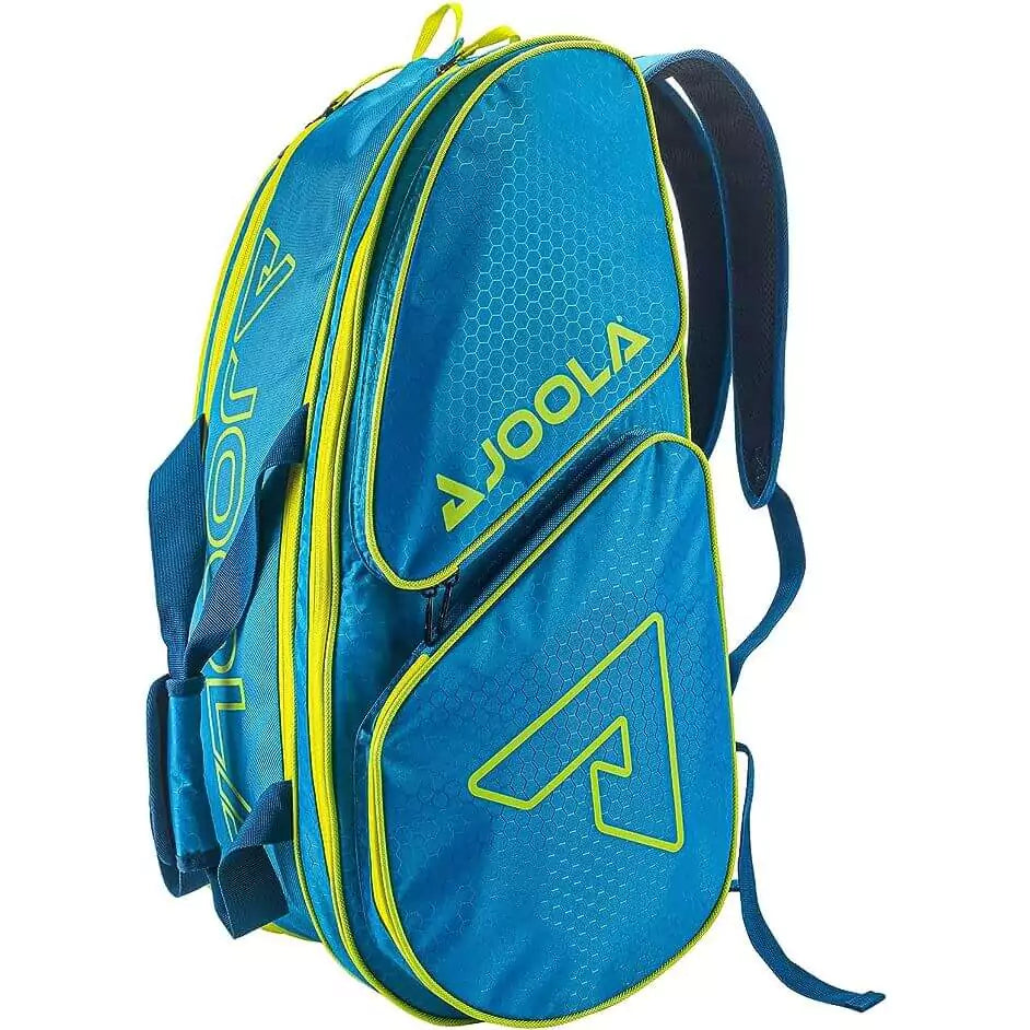 SPORT: PICKLEBALL. Shop Pickleball Paddles and Rackets at "iam-Pickleball.com" a division of "iamracketsports.com". 2023 Joola Tour Elite Pro Pickleball Duffle/Backpack Bag in Blue and Yellow. Bag in vertical orientation.
