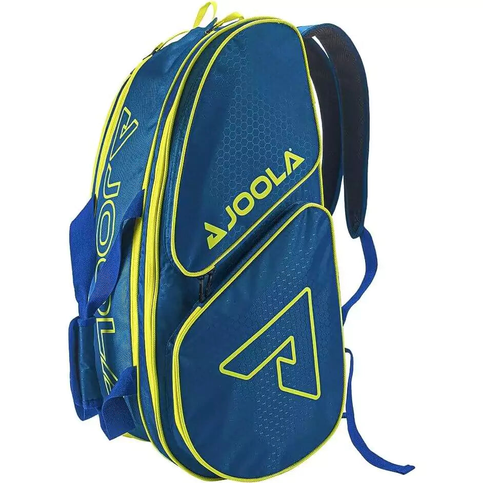 SPORT: PICKLEBALL. Shop Pickleball Paddles and Rackets at "iam-Pickleball.com" a division of "iamracketsports.com". 2023 Joola Tour Elite Pro Pickleball Duffle/Backpack Bag in Navy and Yellow. Bag in vertical orientation.