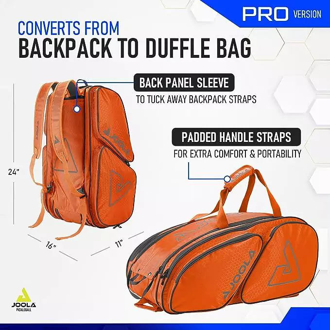 SPORT: PICKLEBALL. Shop Pickleball Paddles and Rackets at "iam-Pickleball.com" a division of "iamracketsports.com". 2023 Joola Tour Elite ProPickleball Duffle/Backpack Bag in Orange and Grey infographic.