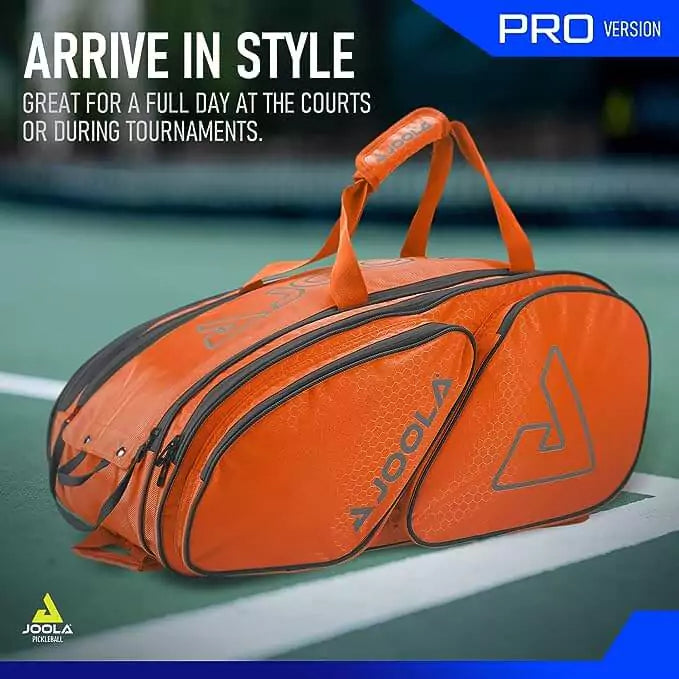 SPORT: PICKLEBALL. Shop Pickleball Paddles and Rackets at "iam-Pickleball.com" a division of "iamracketsports.com". 2023 Joola Tour Elite ProPickleball Duffle/Backpack Bag in Orange and Grey infographic.