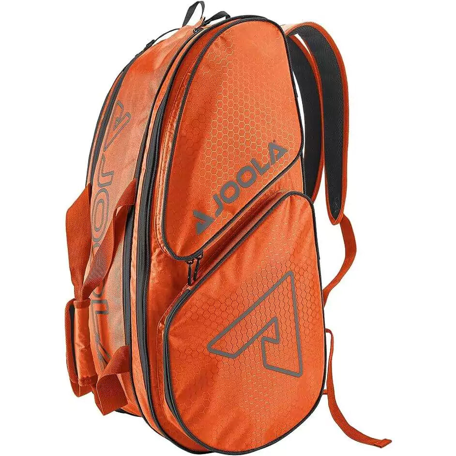 SPORT: PICKLEBALL. Shop Pickleball Paddles and Rackets at "iam-Pickleball.com" a division of "iamracketsports.com". 2023 Joola Tour Elite Pro Pickleball Duffle/Backpack Bag in Orange and Grey. Bag in vertical orientation.