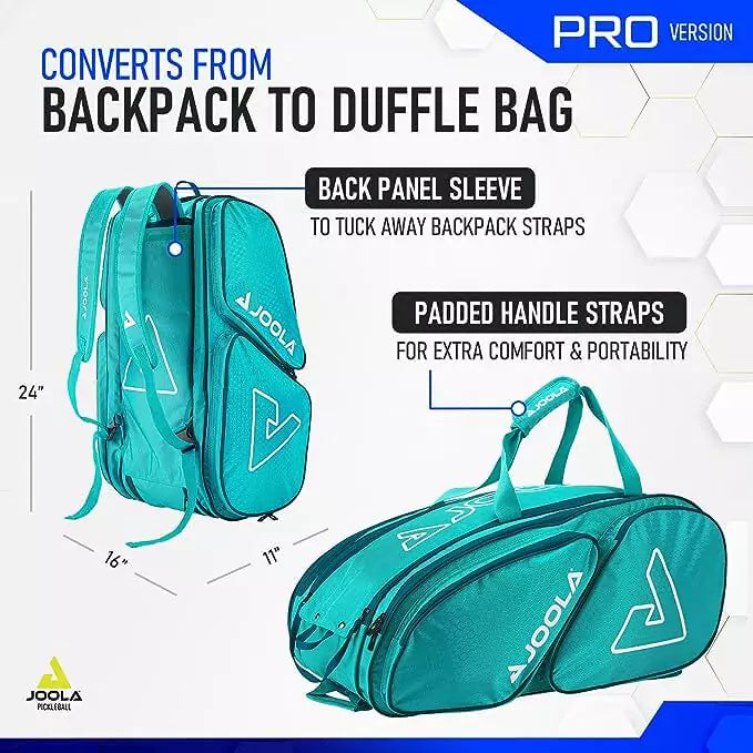SPORT: PICKLEBALL. Shop Pickleball Paddles and Rackets at "iam-Pickleball.com" a division of "iamracketsports.com". 2023 Joola Tour Elite ProPickleball Duffle/Backpack Bag in Turquoise and Teal infographic.