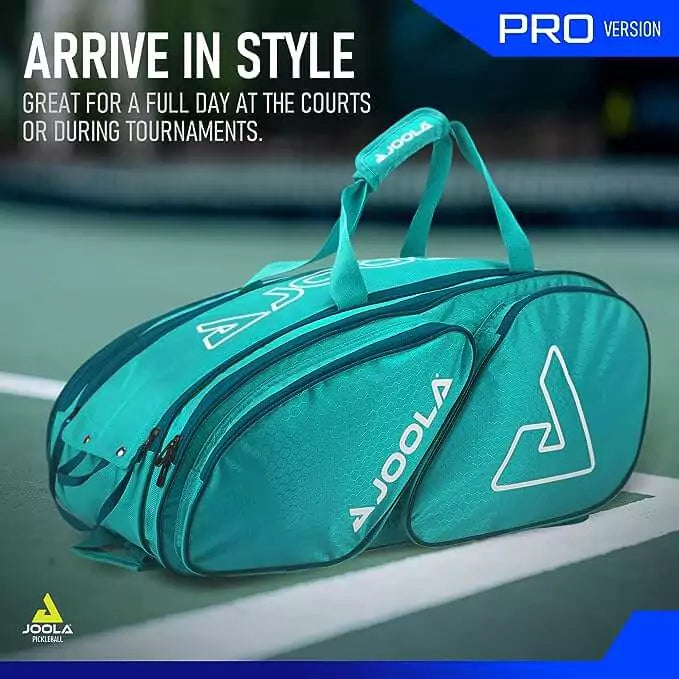 SPORT: PICKLEBALL. Shop Pickleball Paddles and Rackets at "iam-Pickleball.com" a division of "iamracketsports.com". 2023 Joola Tour Elite ProPickleball Duffle/Backpack Bag in Turquoise and Teal infographic.