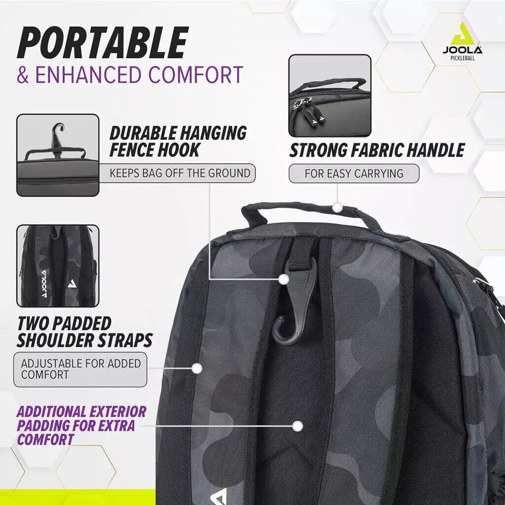 SPORT: PICKLEBALL. Shop Joola at iamRacketSports/iam-pickleball, Miami, Florida, USA. A info image highlighting the carrying features of the   Joola VISION II DELUXE Backpack Bag.