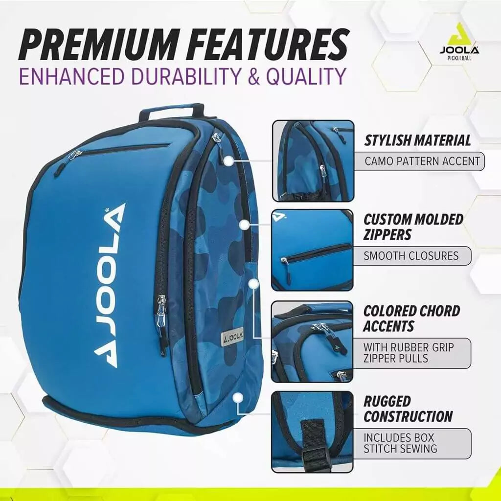 SPORT: PICKLEBALL. Shop Joola  at "iamPickleball.Store", world wide shipping. A info image of the features of the blue Joola VISION II DELUXE Backpack Bag.