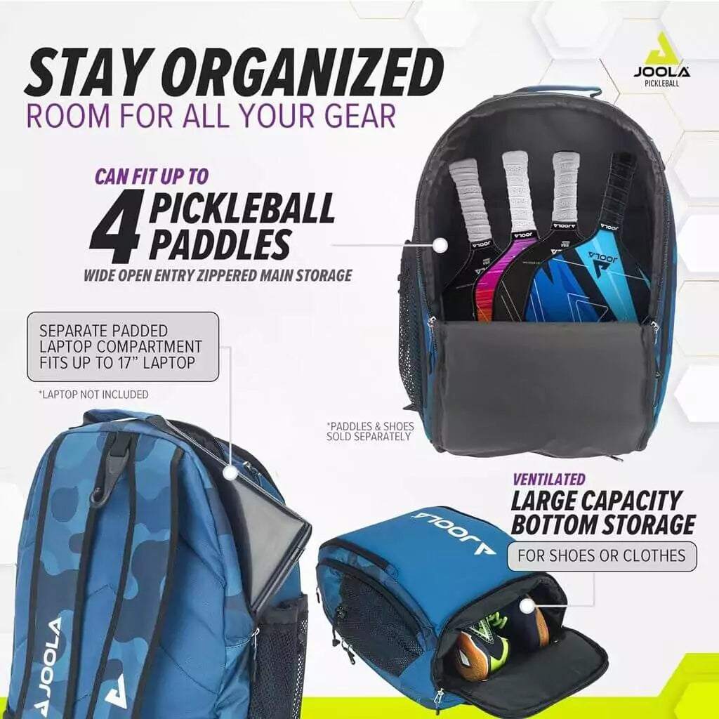 SPORT: PICKLEBALL. Shop Joola  at "iam-pickleball.com". A info image of the main compartments of the  Joola VISION II DELUXE Backpack Bag.
