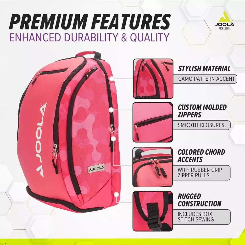 SPORT: PICKLEBALL. Shop Joola  at "iamPickleball.Store", world wide shipping. A info image of the features of the pink Joola VISION II DELUXE Backpack Bag.