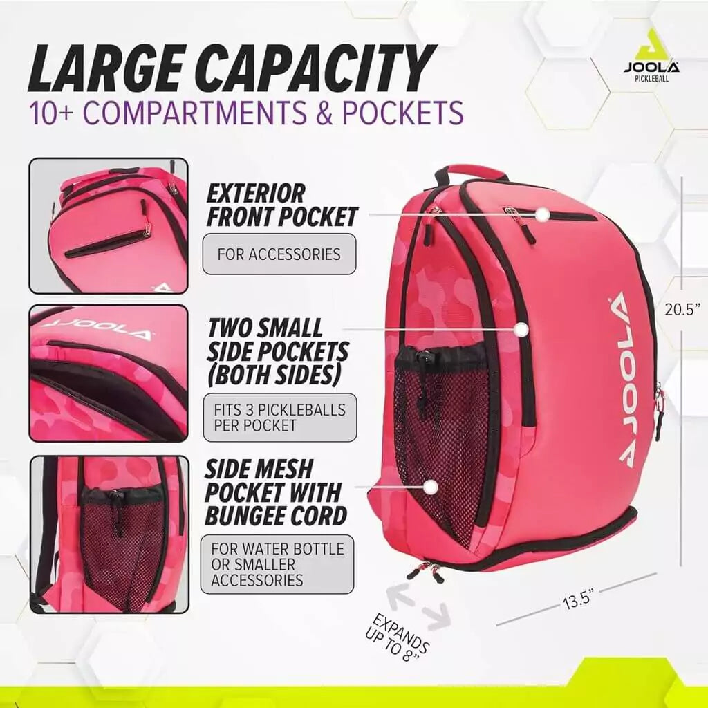 SPORT: PICKLEBALL. Pickleball paddles from "iamPickleball.store". A info image of the storage capacity of the pink Joola VISION II DELUXE Backpack Bag.