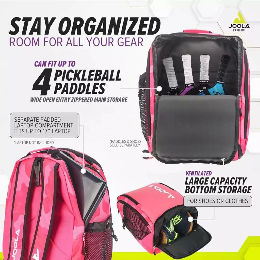 SPORT: PICKLEBALL. Shop Joola  at "iam-pickleball.com". A info image of the main compartments of the  Joola VISION II DELUXE Backpack Bag.