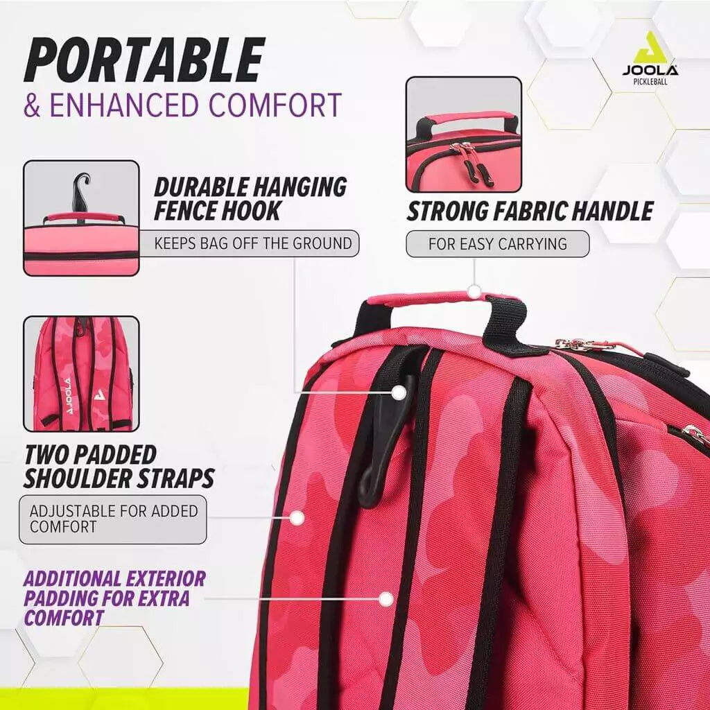 SPORT: PICKLEBALL. Shop Joola at iamRacketSports/iam-pickleball, Miami, Florida, USA. A info image highlighting the carrying features of the   Joola VISION II DELUXE Backpack Bag.