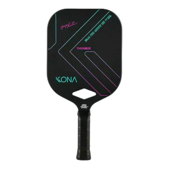 A Kona THUNDER 2024 Pickleball Paddle with Carbon 3K Friction Surface, 14mm thick,PP Honeycomb core with Laminated FOAM. Shop Kona at iamRacketSports.com, Miami store.