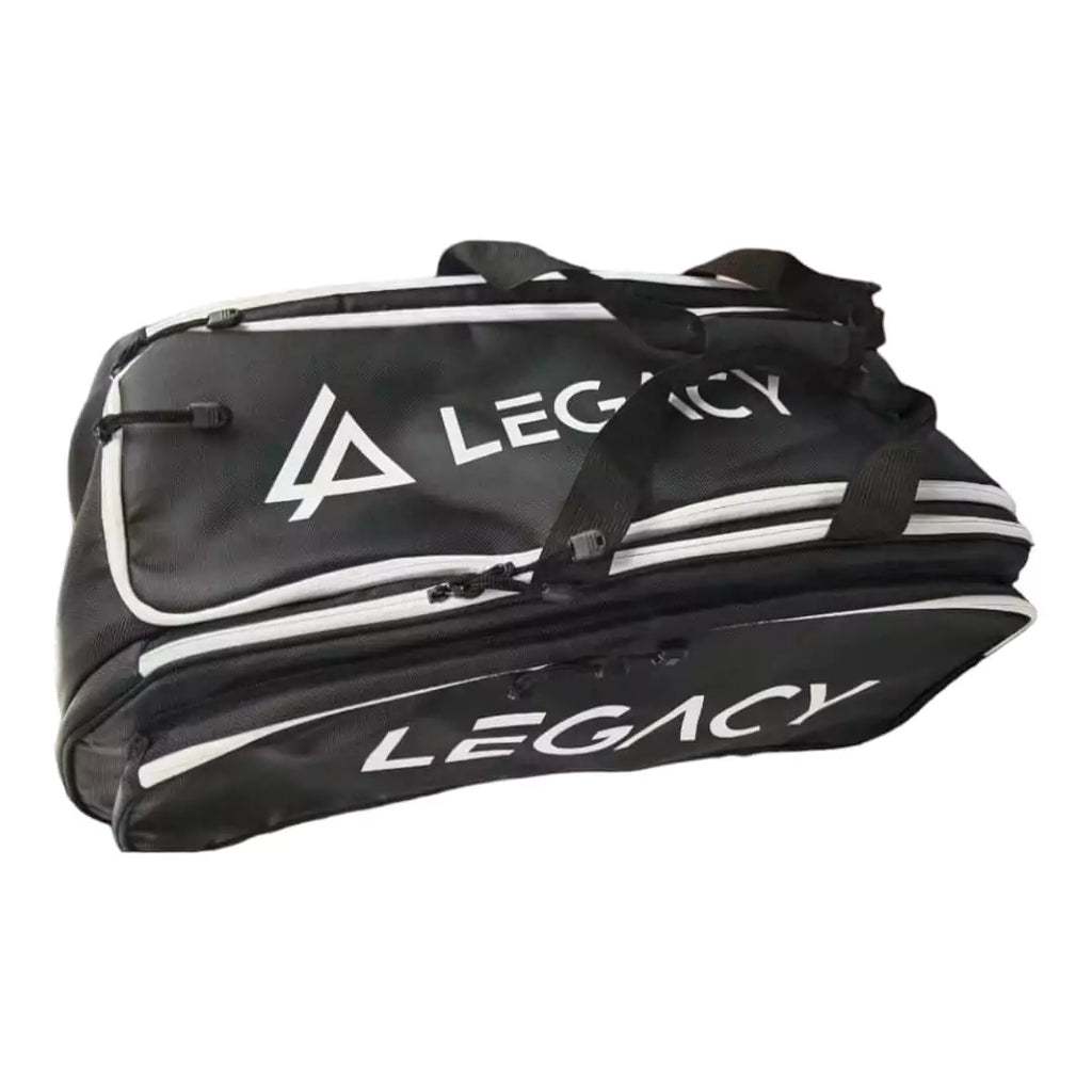 iamRacketSports Depot Store. A black Legacy Elite Tour Paddle Pickleball Bag with Two compartments for 4+ Paddles, Large Main ,two exterior zippered and a bottom Shoe compartment, backpack straps convertible to convert bag to a duffel style.