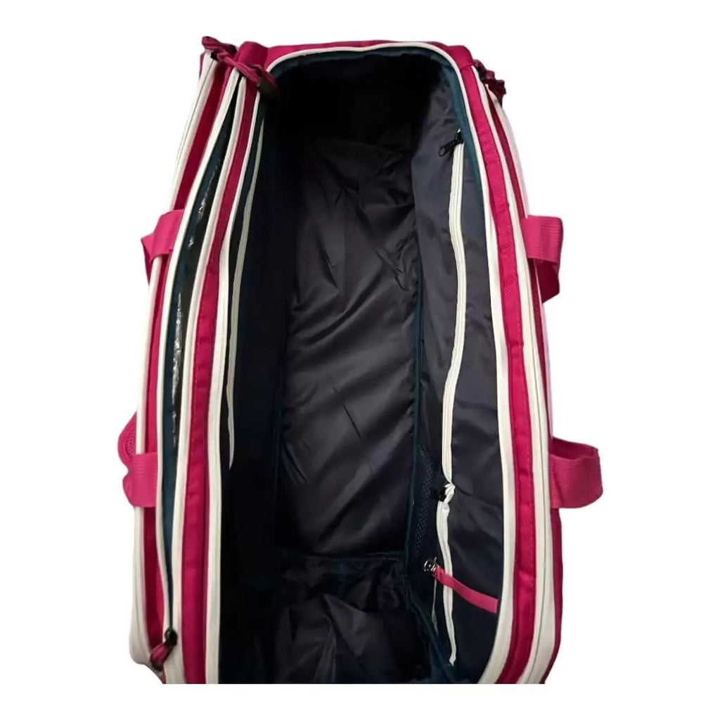 Shop Adidas at "iamPickleball.store" a division of "iamracketsports.com".  A pink Legacy Elite Tour Paddle Pickleball Bag with Two compartments for 4+ Paddles, large Main ,two exterior zippered and a bottom Shoe compartment. Large main compartment open.