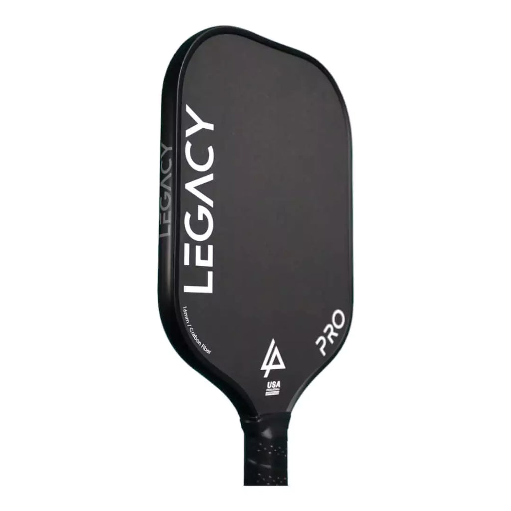 Shop Legacy Pickleball at "iamPickleball.store" a division of "iamracketsports.com".  A 2023 2023 Legacy Pro Pickleball Paddle/racket for beginner to advanced/professional players. Racquet/Paleta is in side vertical orientation.