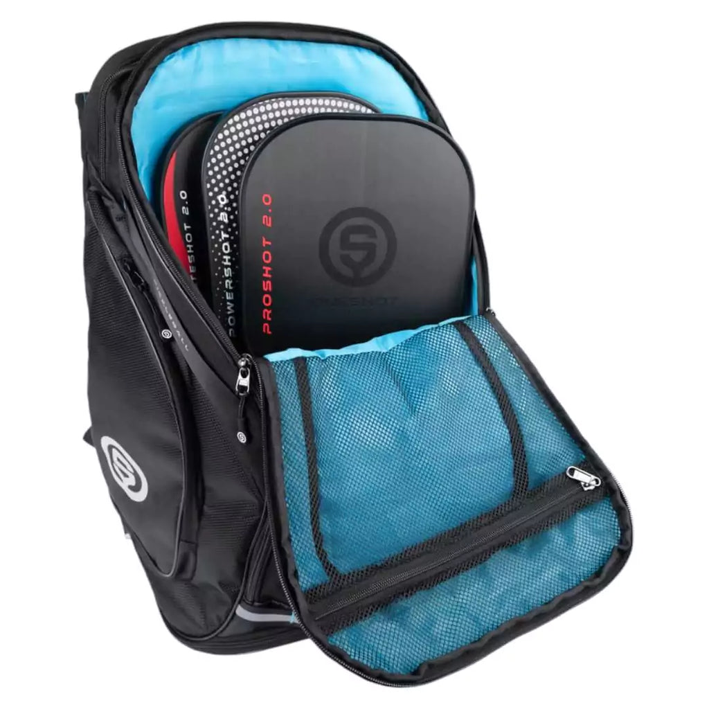 SPORT: PICKLEBALL. Pickleball bags "iamPickleball.store" boutique Depot Store. Open paddle storage compartment of the  Black Oneshot Pickleball PRO Backpack.