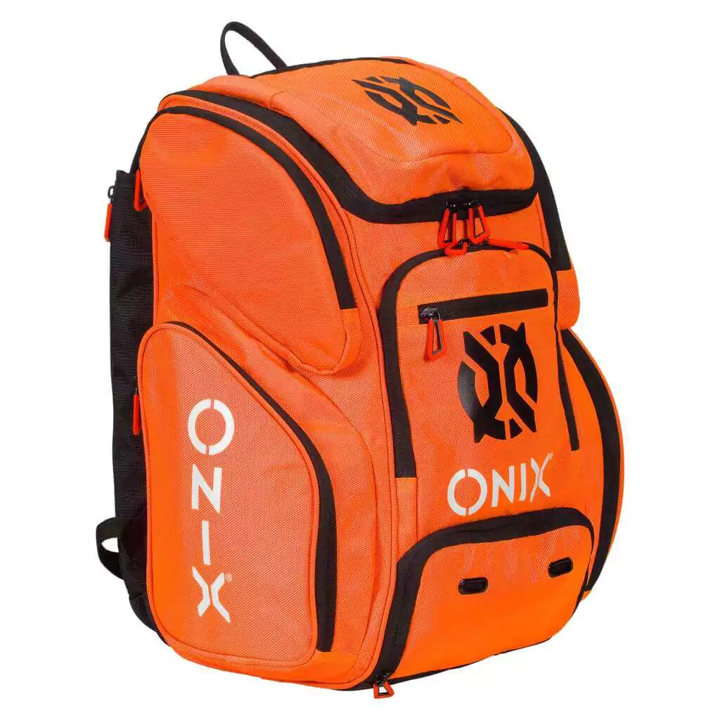 SPORT: PICKLEBALL. Shop Onix bags at "iamracketsports.com". A front and side profile of the  Orange Onix PRO TEAM Backpack.