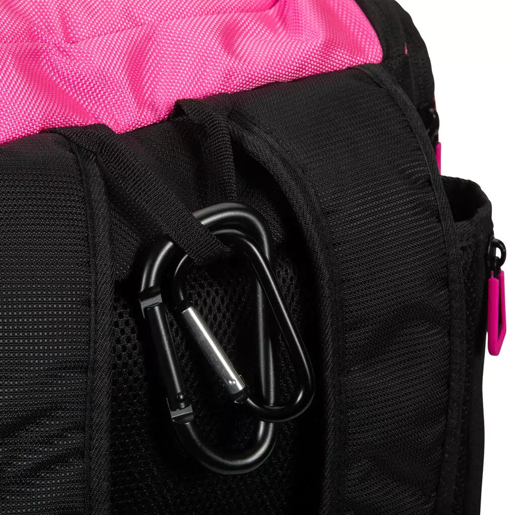 SPORT: PICKLEBALL. Shop sports bags at iamRacketSports Boutique Store. View of   pink Onix PRO TEAM Backpack hanging strap.